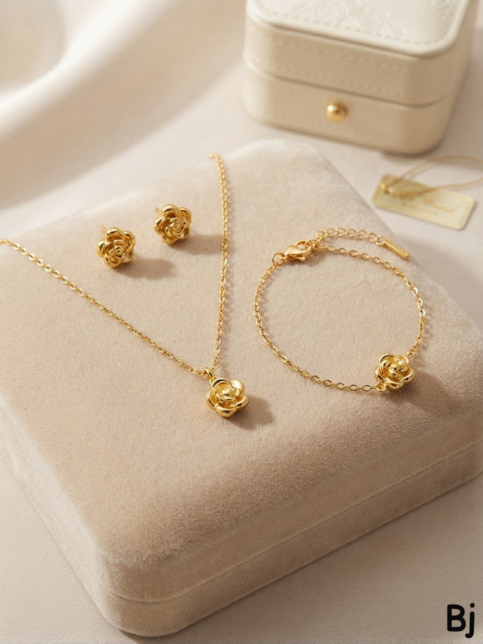 Elegant Rose Flower Jewellery Set – Gold-Tone Necklace, Bracelet & Earrings