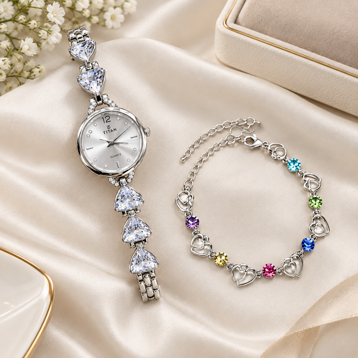 Elegant Women’s Crystal Watch & Heart Charm Bracelet Set-