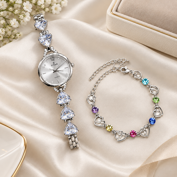 Elegant Women’s Crystal Watch & Heart Charm Bracelet Set-