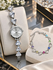 Elegant Women’s Crystal Watch & Heart Charm Bracelet Set-