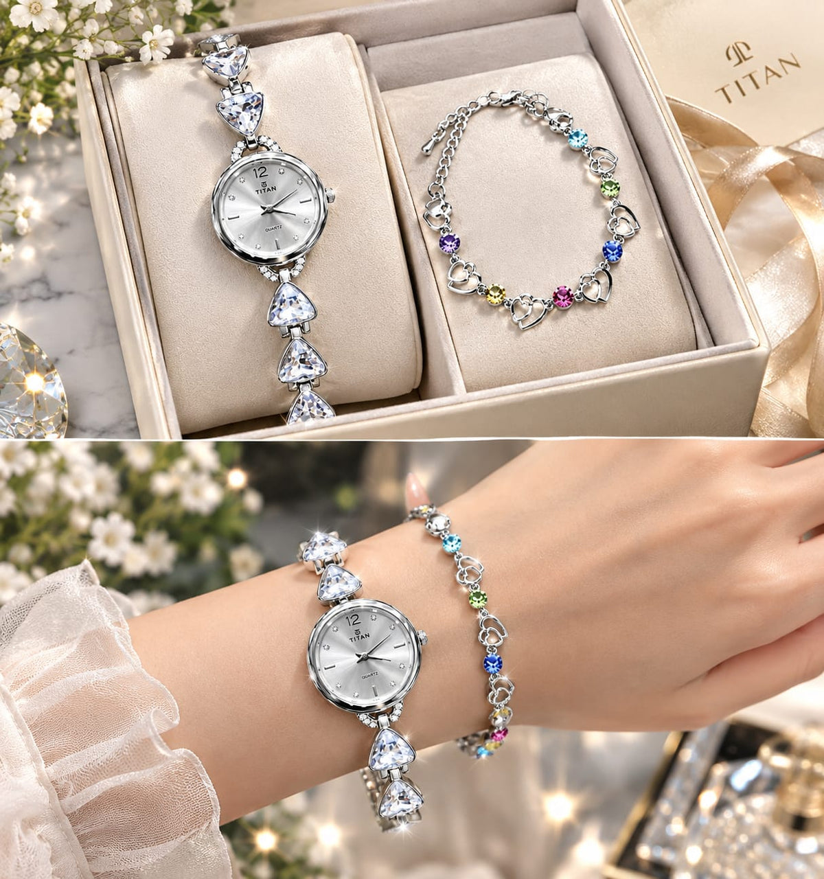 Elegant Women’s Crystal Watch & Heart Charm Bracelet Set-