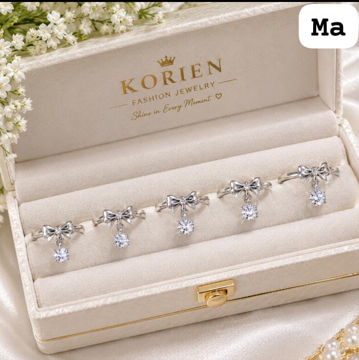 🎀 Elegant Bow Stone Ring – Silver & Golden | Adjustable Fashion Ring