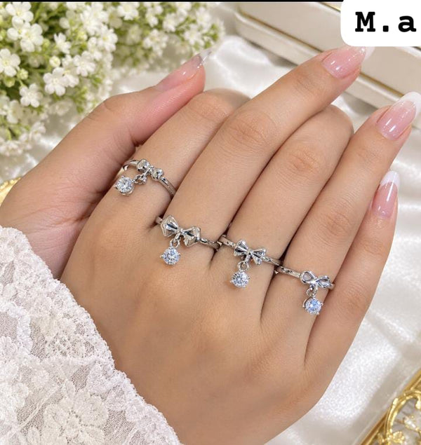 🎀 Elegant Bow Stone Ring – Silver & Golden | Adjustable Fashion Ring