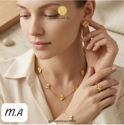 Elegant Clover Flower Jewellery Set – Gold-Tone Necklace, Bracelet, Earrings & Ring
