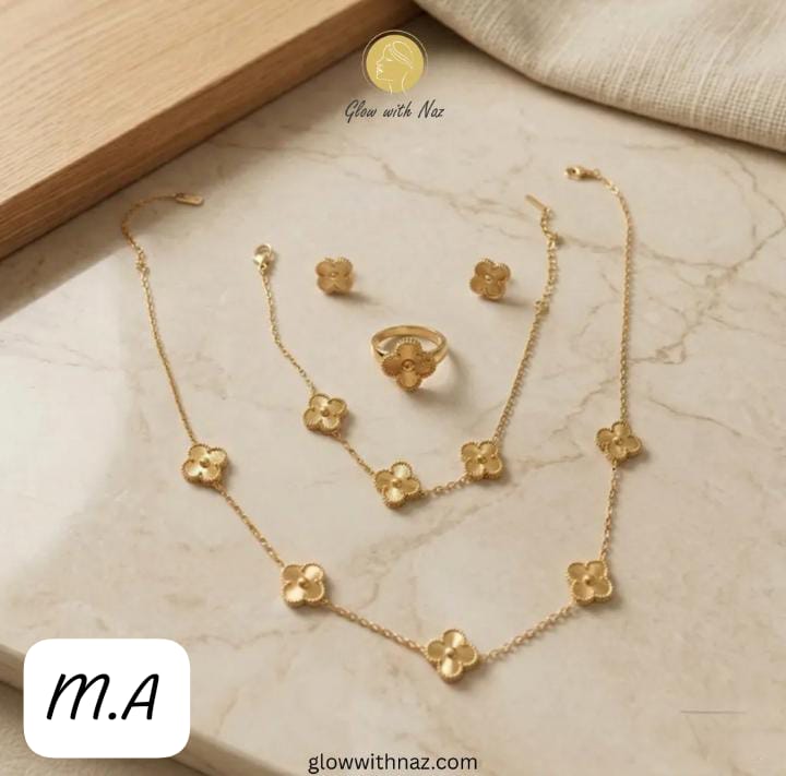 Elegant Clover Flower Jewellery Set – Gold-Tone Necklace, Bracelet, Earrings & Ring