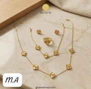 Elegant Clover Flower Jewellery Set – Gold-Tone Necklace, Bracelet, Earrings & Ring