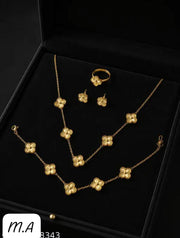 Elegant Clover Flower Jewellery Set – Gold-Tone Necklace, Bracelet, Earrings & Ring