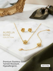 Elegant Rose Flower Jewellery Set – Gold-Tone Necklace, Bracelet & Earrings