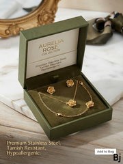 Elegant Rose Flower Jewellery Set – Gold-Tone Necklace, Bracelet & Earrings