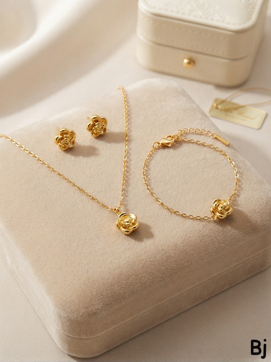 Elegant Rose Flower Jewellery Set – Gold-Tone Necklace, Bracelet & Earrings