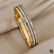 Elegant Gold-Tone Crystal Stone Bracelet – Luxury Layered Bangle