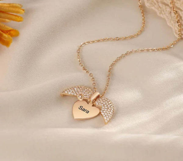 Customized Openable Angel Wings Heart Locket – Personalized Zircon Pendant    [Whatsapp to customize] = 03022328604