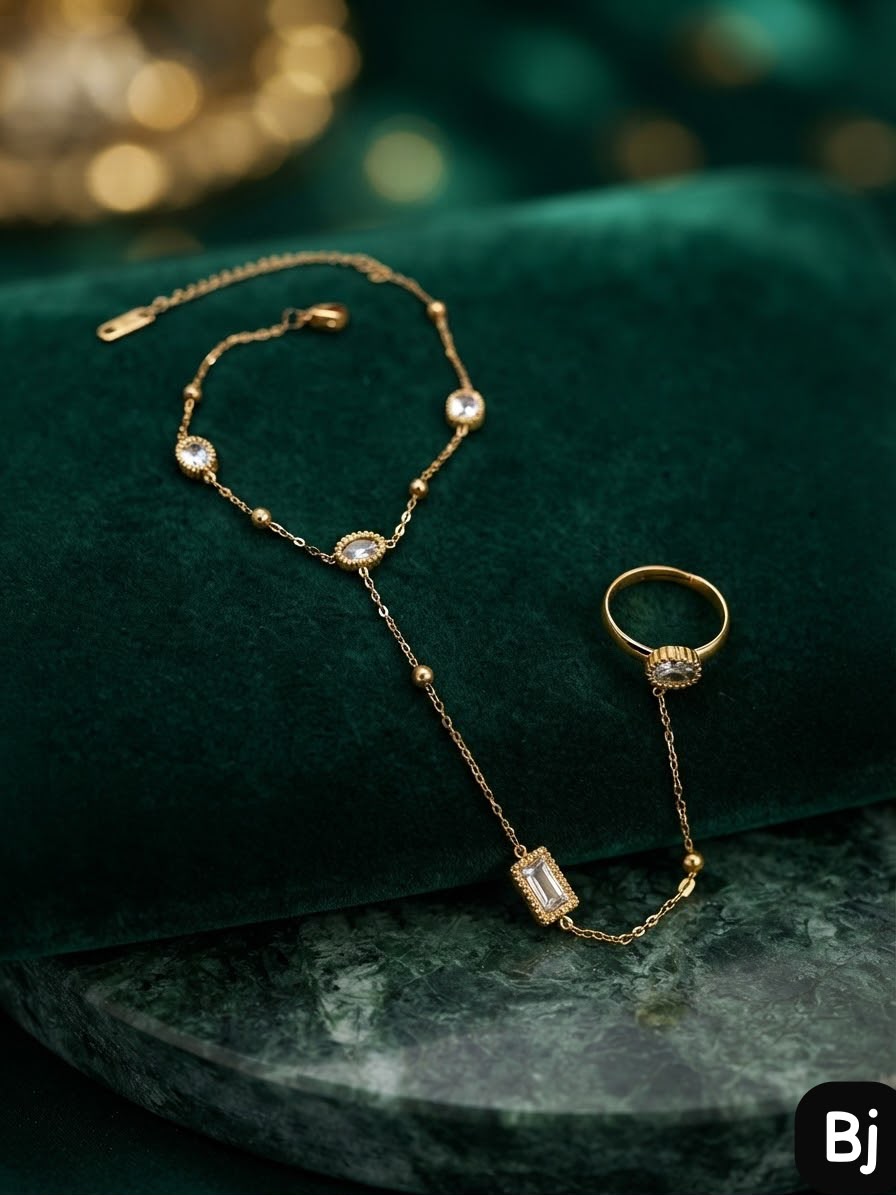 Elegant Gold-Plated Hand Chain Bracelet with Attached Ring (Hathphool Harness)