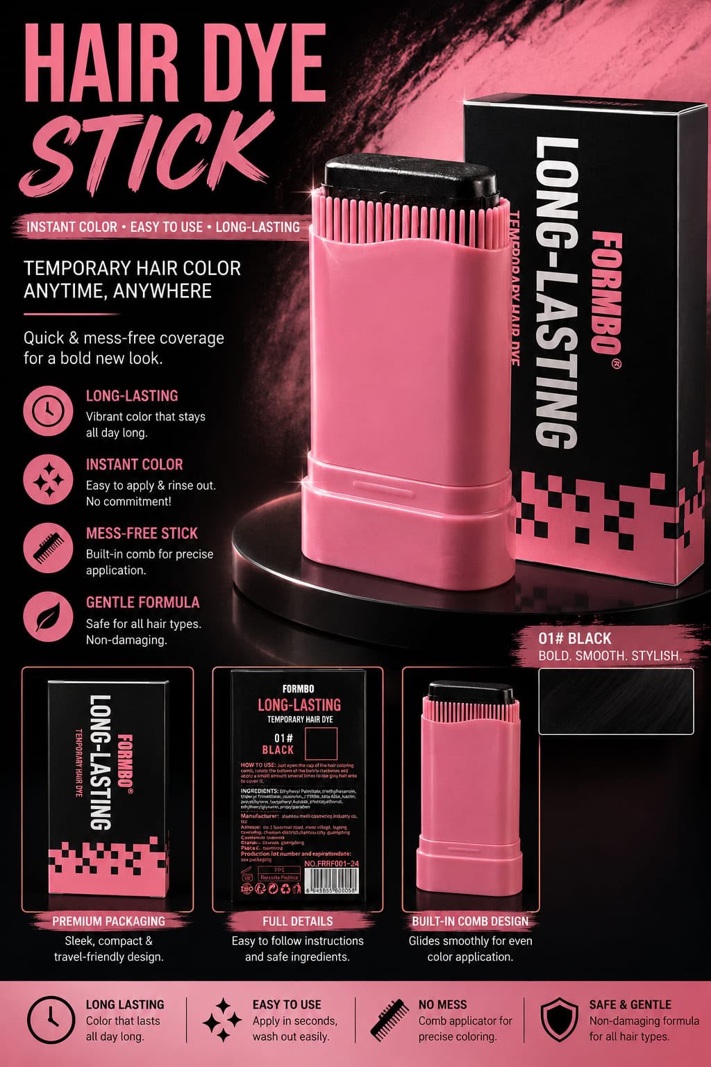 Hair Dye Stick – Quick Black & White Hair Touch-Up with Comb